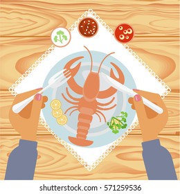 person is eating delicious lobster with sauses, top view. Vector illustration eps 10