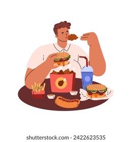 Person with an eating disorder consumes large amounts of fast food and overeats, flat cartoon vector illustration isolated on white background. Man eating junk food.