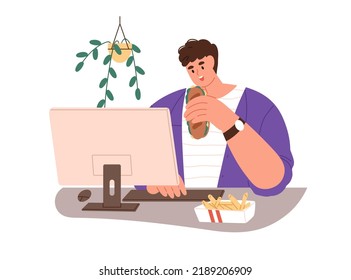 Person Eating Fast Food, Sitting At Computer Desk At Work. Office Worker Having Meal, Snack At Workplace, PC. Man Employee With Sandwich. Flat Vector Illustration Isolated On White Background