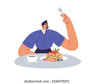 Person eating food, dish. Man having breakfast, meal. Gourmet character at lunch, sitting at table with tea cup, crepes, pancakes, sweet dessert. Flat vector illustration isolated on white background