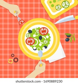 Person Eating Fresh Healthy Vegetarian Salad, Top View Vector Illustration