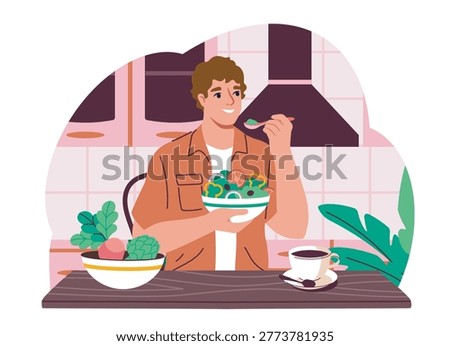 A person eating a fresh salad at a table in a stylized graphic style on a kitchen background, expressing healthy lifestyle concept. Hand-drawn vector illustration