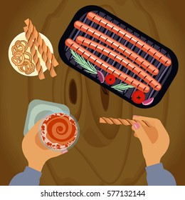 Person is eating Grilled sausages with glass of beer on wooden table. Top view Vector illustration eps 10