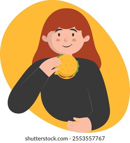 Person Eating Hamburger Illustration with Cute Cartoon Design and Shape. Isolated Vector Character