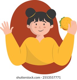 Person Eating Hamburger Illustration with Cute Cartoon Design and Shape. Isolated Vector Character