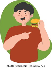 Person Eating Hamburger Illustration with Cute Cartoon Design and Shape. Isolated Vector Character