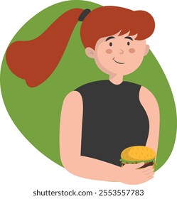 Person Eating Hamburger Illustration with Cute Cartoon Design and Shape. Isolated Vector Character