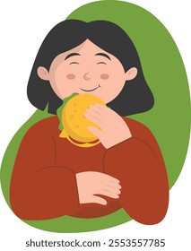 Person Eating Hamburger Illustration with Cute Cartoon Design and Shape. Isolated Vector Character