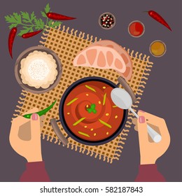 Person is eating pungent curry on wooden table. Top view Vector illustration eps 10.