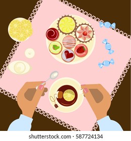 Person is eating, top view. Menu for tea time, breakfast, lunch or dinner. Vector illustration eps 10
