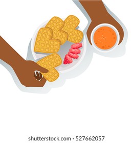 Person Eating Waffles With Strawberry And Drinking Orange Juice. Classic Breakfast Food Products And Menu Items