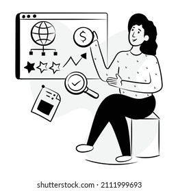 Person editing image, hand drawn illustration of content manager 

