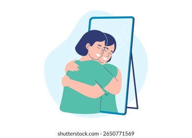 A person embraces their own reflection in a mirror, a powerful visual concept of self-love, acceptance, and mental wellness.