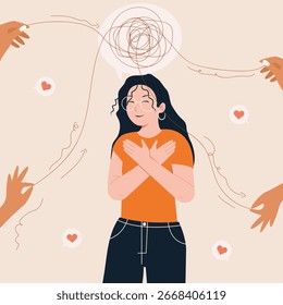 A person embraces themselves while surrounded by caring hands and hearts, representing the importance of a strong support system. 