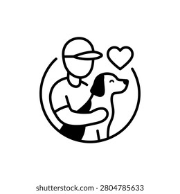 Person embracing a dog inside a circular frame with a heart, a black and white icon for animal companionship, affection and humane care