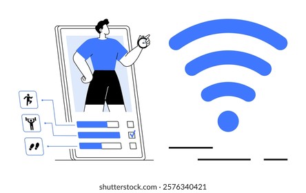 A person emerging from a smartphone screen with fitness icons and activity completion bars on the left, symbolizing a fitness tracking application. Ideal for health, fitness, technology, apps