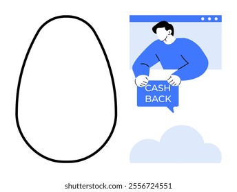 Person emerging from a window holding a cash back sign near a cloud illustration and an outline shape. Ideal for financial services, online shopping, e-commerce, monetary benefits, and digital