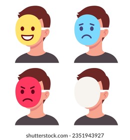 Person with emoji mask covering face, showing emotion through icons. Happy, sad, angry, and blank face. Vector clip art illustration.