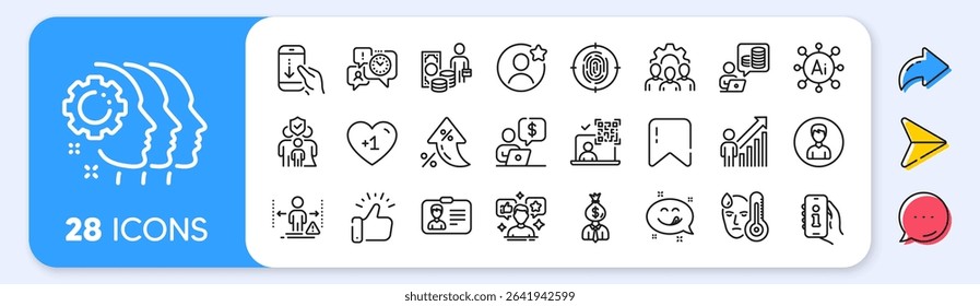 Person, Employee result and Team work line icons. Interest rate, AI generate, Inflation icons. Pack of Social media, Scroll down, Social distance icon. Vector