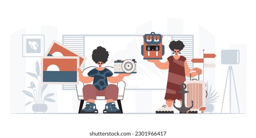 The person and the energetic lady are going on a trip. The concept of rest and travel. Trendy style, Vector Illustration