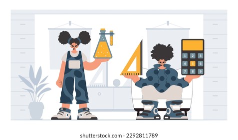 Person and energetic lady school teaches, considering principal school subjects. Trendy style, Vector Illustration