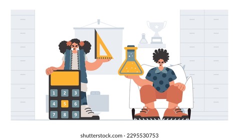 Person and energetic lady school understudies, analyzing principal school subjects. Trendy style, Vector Illustration