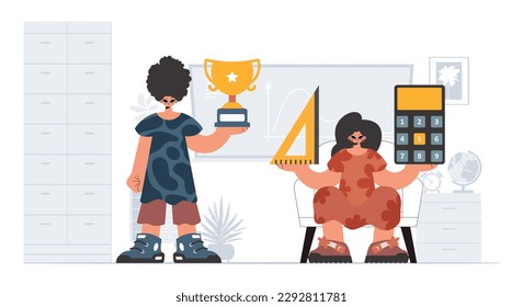 Person and energized lady school instrument, considering preeminent school subjects. Trendy style, Vector Illustration