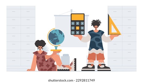 Person and energized lady school understudies, analyzing to start with school subjects. Trendy style, Vector Illustration