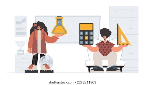 Person and energized lady school understudies, analyzing to start with school subjects. Trendy style, Vector Illustration