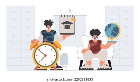 Person and energized lady school understudies, analyzing to start with school subjects. Trendy style, Vector Illustration