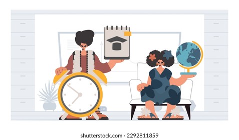 Person and energized lady school understudies, analyzing to start with school subjects. Trendy style, Vector Illustration