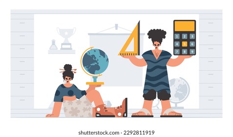 Person and energized lady school understudies, analyzing to start with school subjects. Trendy style, Vector Illustration