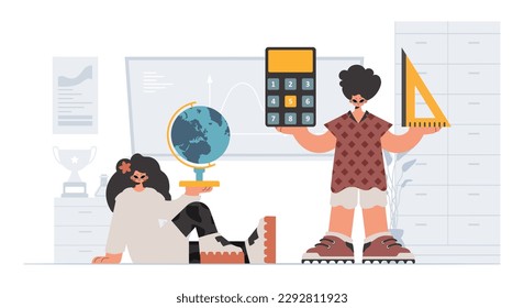 Person and energized lady school understudies, analyzing to start with school subjects. Trendy style, Vector Illustration