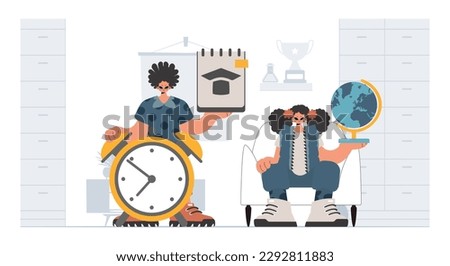 Person and energized lady school understudies, analyzing to start with school subjects. Trendy style, Vector Illustration