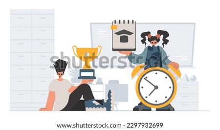 Person and energized lady school understudies, analyzing to start with school subjects. Trendy style, Vector Illustration