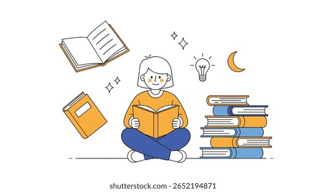 A Person Engaged in the Act of Reading Surrounded by Books and Symbols of Learning