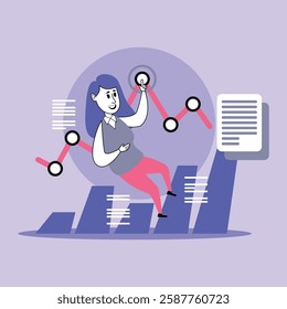 Person engaged in business analytics, pointing at rising graphs. Growth and progress in professional setting concept