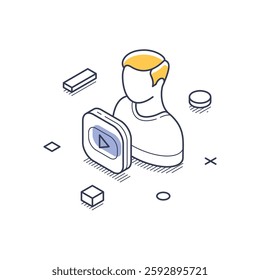 Person engaged in content creation, surrounded by geometric shapes and a video icon. The isometric line art style highlights the modern theme of digital innovation. Vector illustration