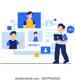 A person engaged in digital interaction with avatars on a screen, representing virtual connection, communication, and modern online presence.