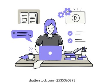 A person engaged in online discussions or collaborating with others via virtual tools, surrounded by study materials and a laptop
