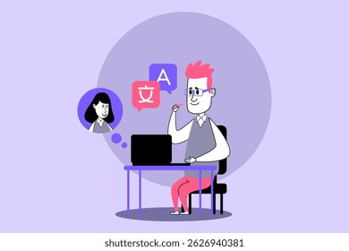 Person engaged in online language education at desk, focused on learning and interacting with virtual tutor. Colorful icons representing different languages, enhancing educational experience