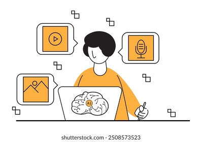 persona que interactúa con la interfaz de IA en el portátil. Los iconos multimedia se muestran en burbujas de discurso, enfatizando el procesamiento activo y la interacción con diferentes tipos de contenido digital
