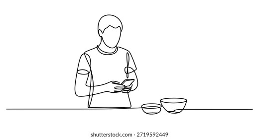 Una persona que participa con un teléfono inteligente mientras está de pie cerca de dos tazones en un Vector de dibujo de línea continua, ilustración