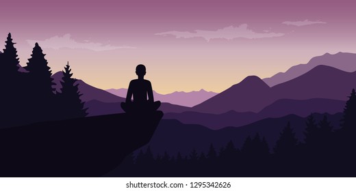 person enjoy the silence at purple mountain nature landscape vector illustration EPS10