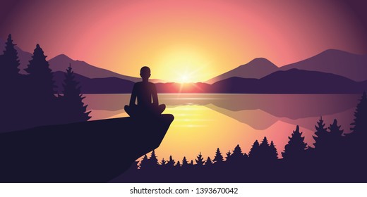 person enjoy the silence at purple mountain nature landscape by the lake at sunset vector illustration EPS10