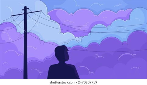 Person enjoying dawn standing under power lines lofi wallpaper. Human silhouette against cloudy sky 2D cartoon flat illustration. Contemplation chill vector art, lo fi aesthetic colorful background