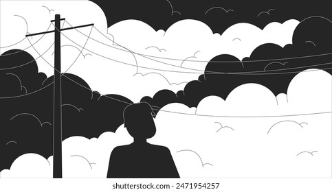 Person enjoying dawn standing under power lines black and white lofi wallpaper. Human silhouette against cloudy sky 2D outline cartoon flat illustration. Relax vector line lo fi aesthetic background