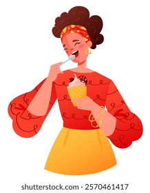 Person enjoying dessert. Woman holding takeaway creamy dessert in waffle cup with various toppings. Character eating dessert with spoon with great pleasure. Vector flat illustration isolated.