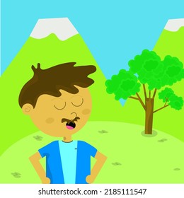 a person enjoying the fresh air in the mountains for children's book illustration. easy to use.