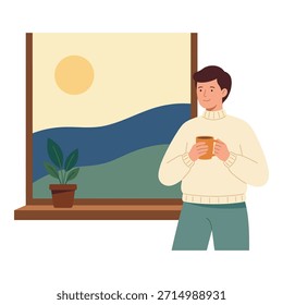 Pessoa desfrutando de bebida quente enquanto observa uma bela cena ao ar livre de dentro de casa. Vista matinal, sol brilhante.